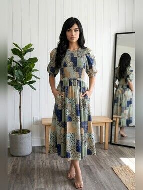 Sea New York Louie Smocked Patchwork Print Cotton Midi Dress NWT 🤍